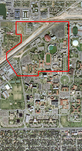 aerial view of plan area in context with a portion of the core campus